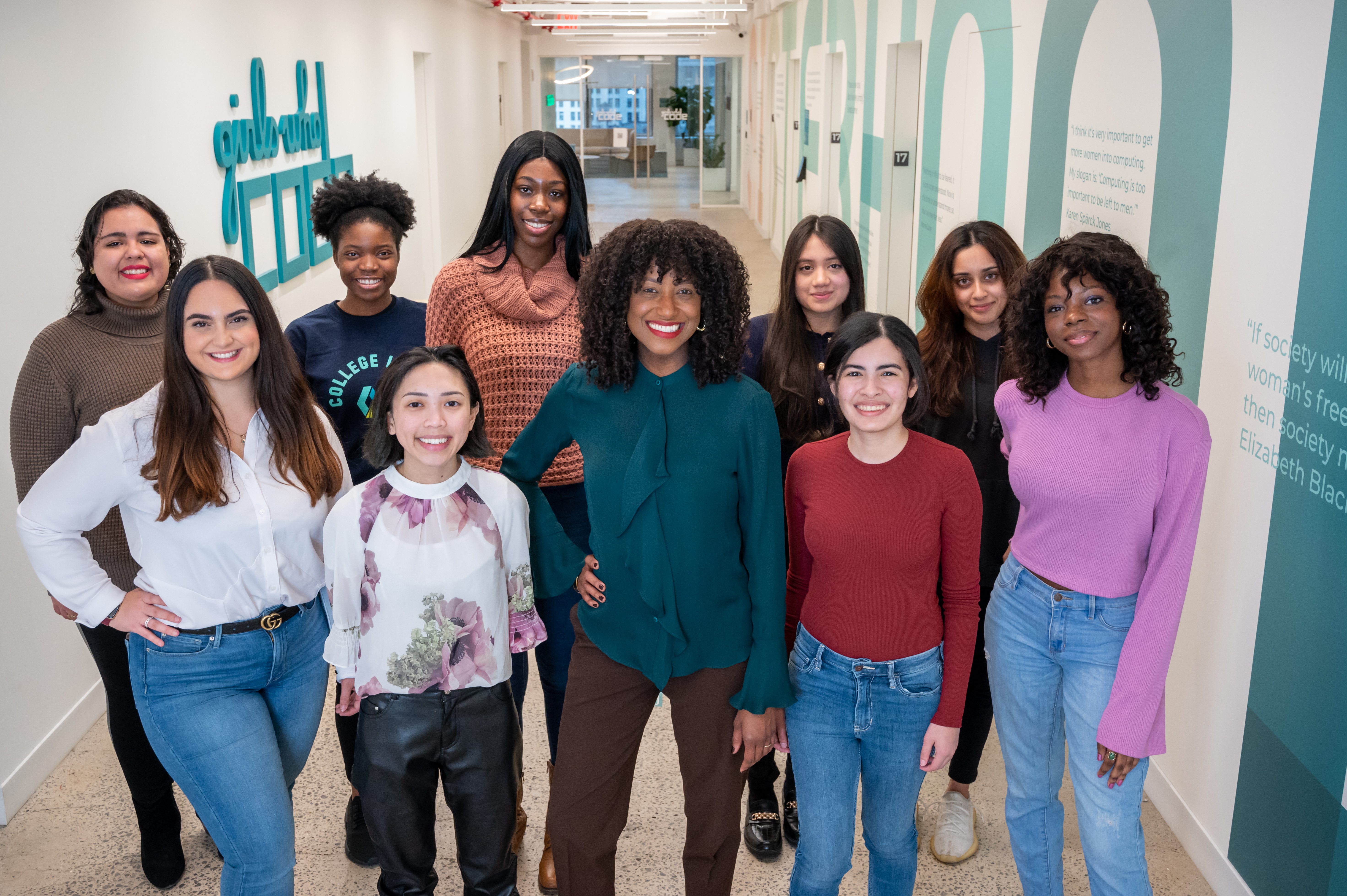 A group picture of alumni and staff members at the Girls Who Code ALumni Photoshoot